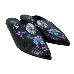 Brighton Everly Mules NEW Croc Embossed Black Floral Size 6.5 Italy $250